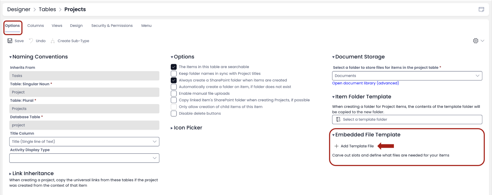 Configuring default embedded file template